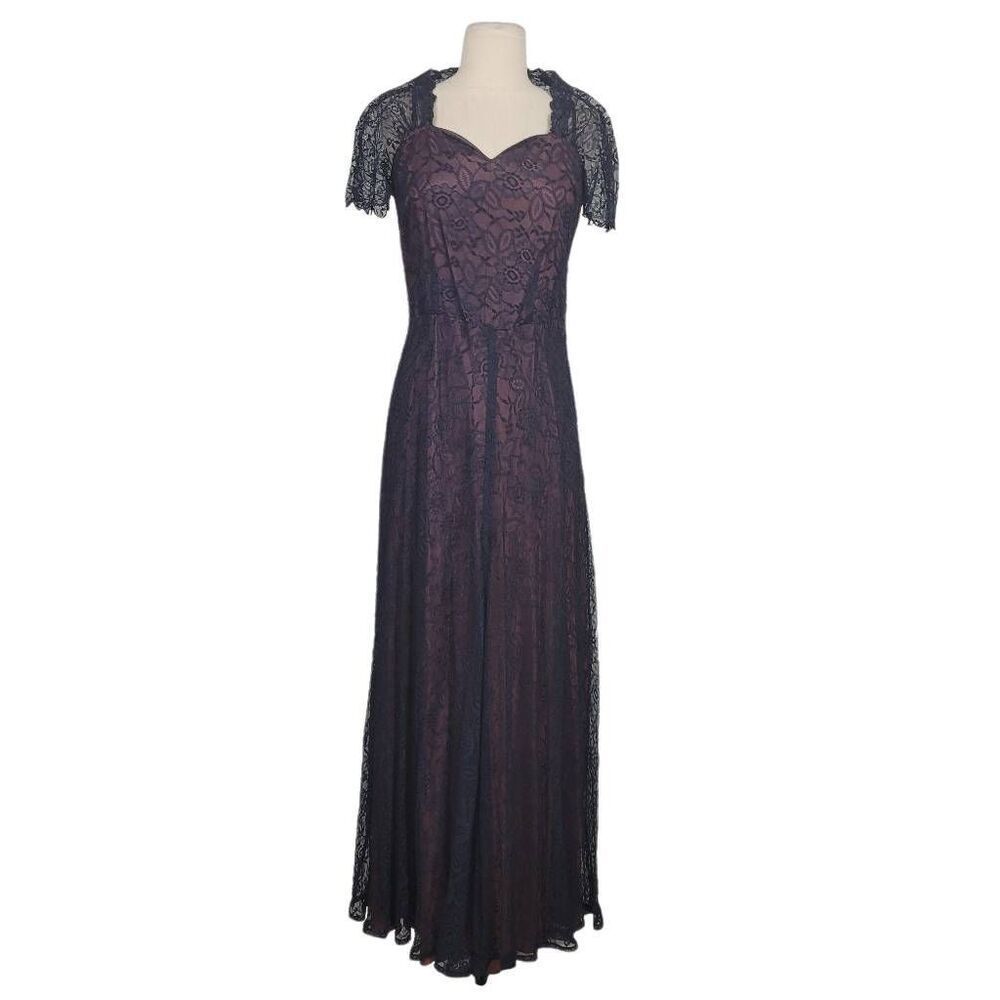 Vintage 1950s? Chantilly Lace Maxi Dress Evening Gown Navy Blue Delicate Feminin